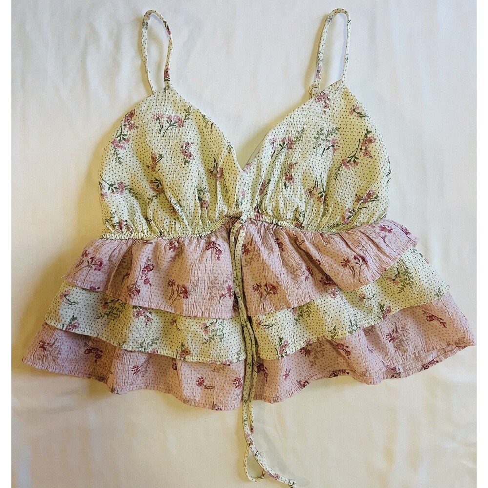 Sienna Sky Floral Babydoll Cami Top Sz S/M Pink Cream Tiered Ruffle Cottagecore